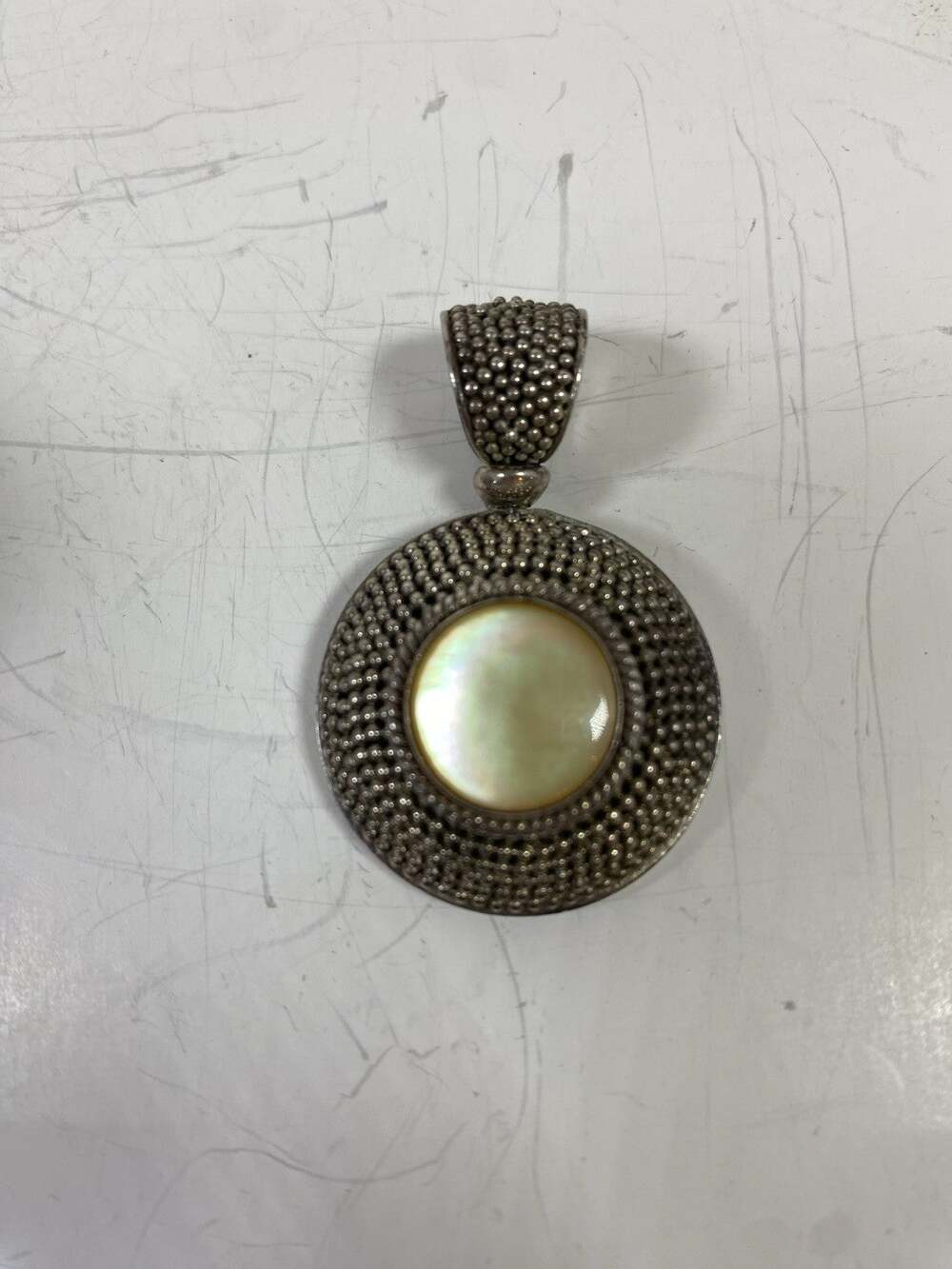 Sterling Silver 925 Bali Granulated Pendant Yellow Cabochon Round Indonesia Boho